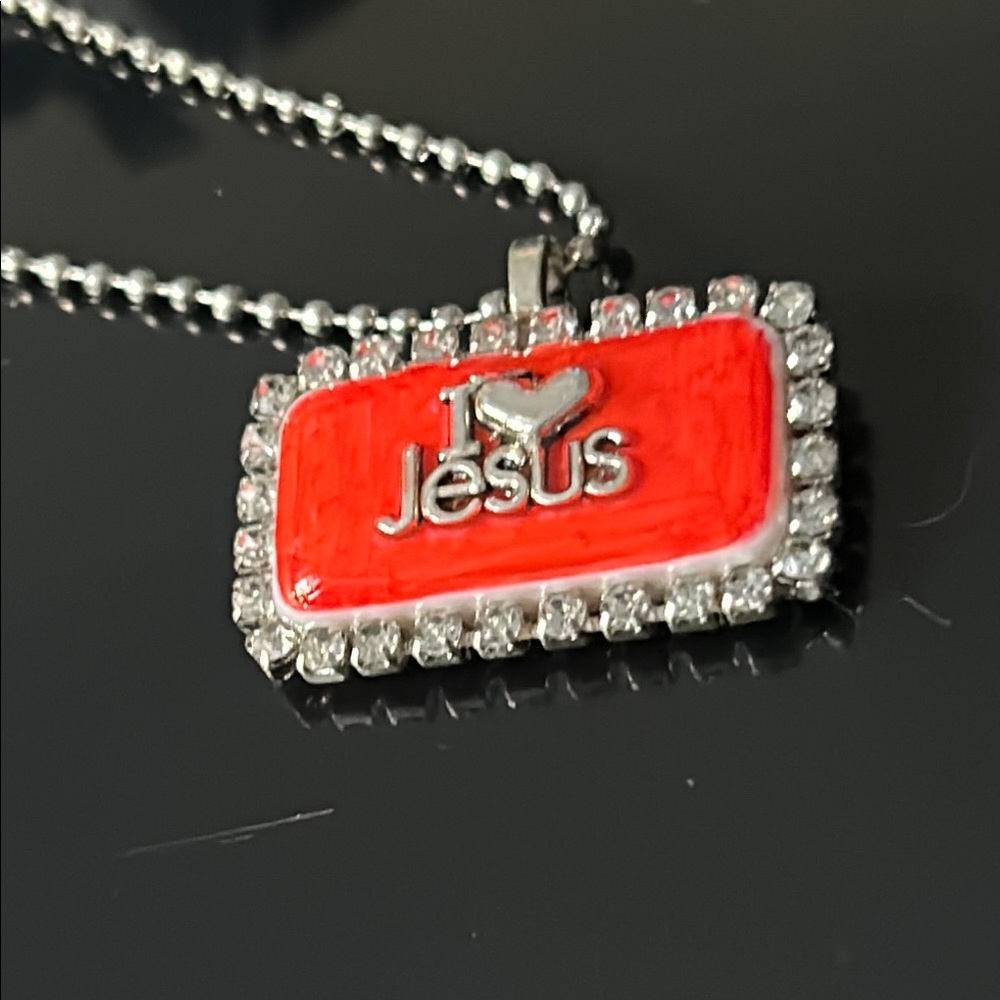 Red and Silver 'I Love Jesus' Resin Pendant w/Free Necklace
